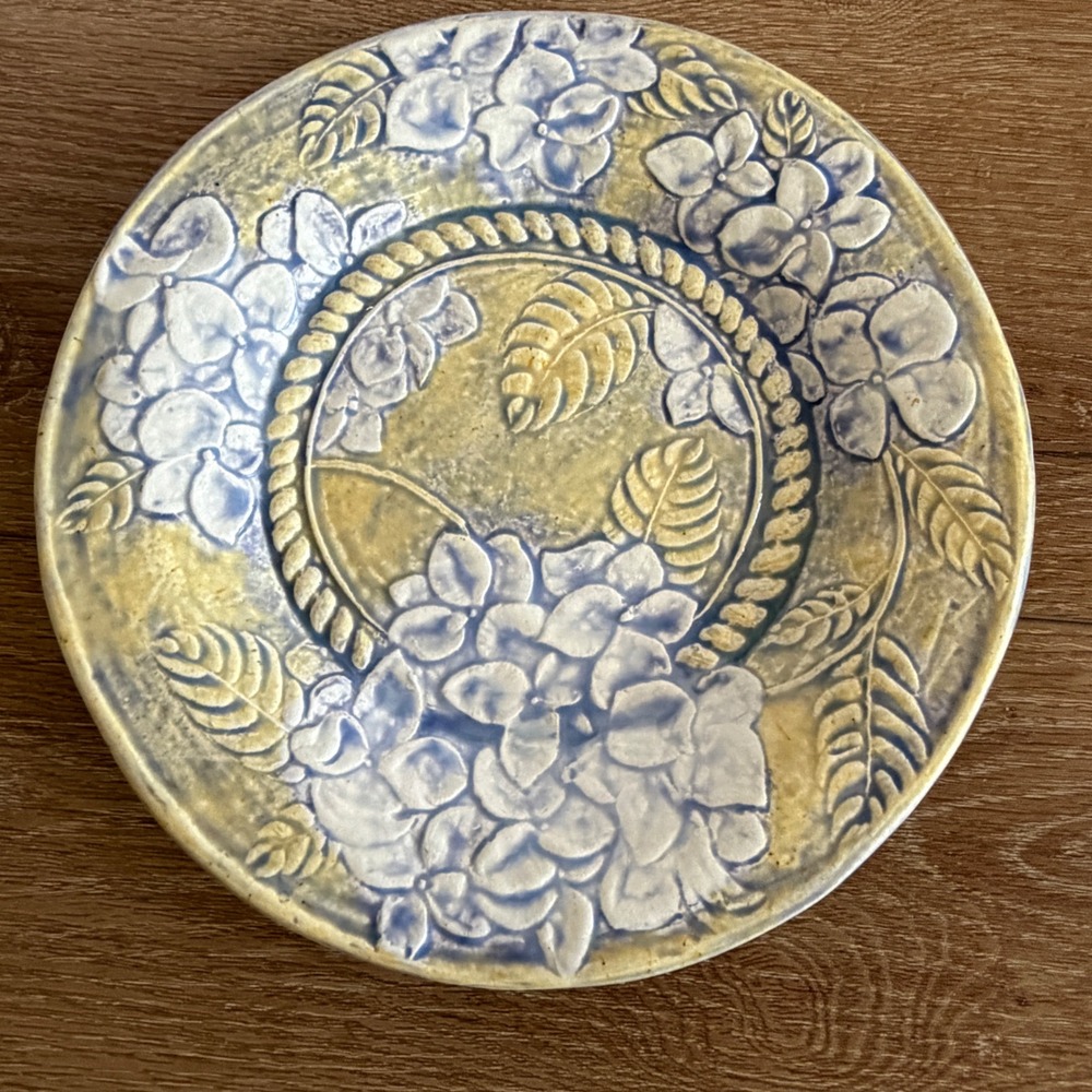 Handmade Studio Pottery Hydrangea Floral Relief Plate Blue Yellow Green 9.25"